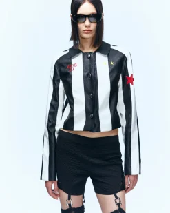 Andersson Bell Alessandro Stripe Faux Leather Jacket Awa529W(Black/White)-Women Outerwear