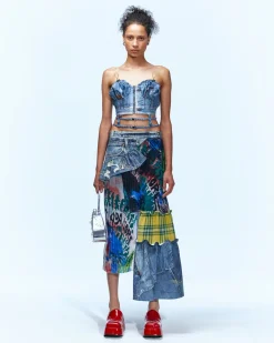 Andersson Bell Alisa Denim Play & Artwork Print Long Skirt Apa625W(Blue)-Women Skirts