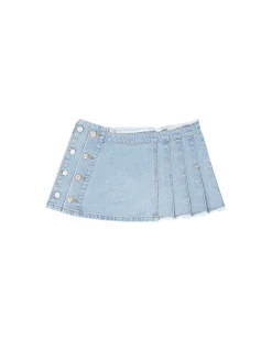 Andersson Bell Apron Wrap Pleats Denim Skirt Apa606W(Washed Blue)-Women Skirts