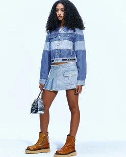 Andersson Bell Apron Wrap Pleats Denim Skirt Apa606W(Washed Blue)-Women Skirts