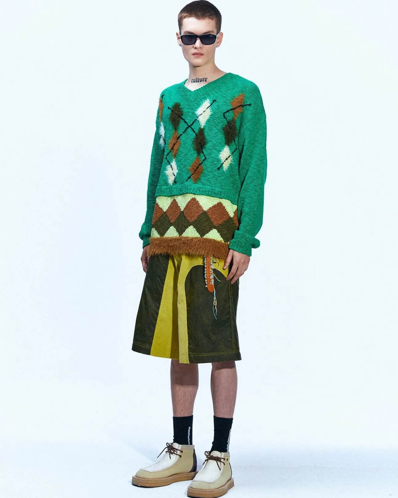Andersson Bell Argyle Layered V-Neck Sweater Atb856M(Green)-Men Knitwear