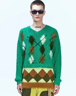 Andersson Bell Argyle Layered V-Neck Sweater Atb856M(Green)-Men Knitwear