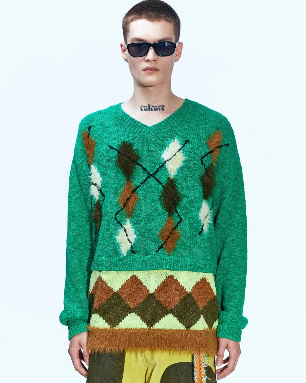 Andersson Bell Argyle Layered V-Neck Sweater Atb856M(Green)-Men Knitwear