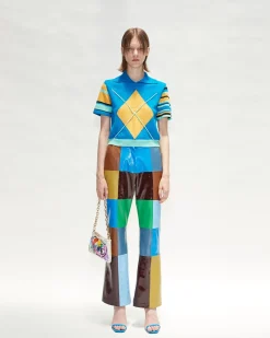 Andersson Bell Argyle Stripe Polo Knit Top Atb712W(Blue)-Women Tops