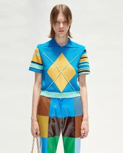 Andersson Bell Argyle Stripe Polo Knit Top Atb712W(Blue)-Women Tops