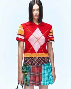 Andersson Bell Argyle Stripe Polo Knit Top Atb712W(Red)-Women Tops