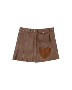 Andersson Bell Arina Heart & Pleats Faux Leather Skirt Apa600W(Brown)-Women Skirts