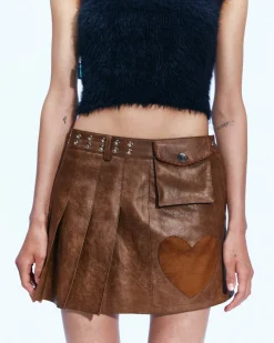 Andersson Bell Arina Heart & Pleats Faux Leather Skirt Apa600W(Brown)-Women Skirts