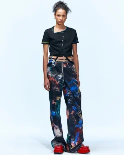 Andersson Bell Artwork Print Shirring Band Pants Apa626W(Black)-Women Trousers