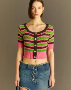 Andersson Bell Choi Jewel Buttons Stripe Cardigan Atb737W(Pink/Green)-Women Knitwear