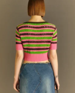 Andersson Bell Choi Jewel Buttons Stripe Cardigan Atb737W(Pink/Green)-Women Knitwear