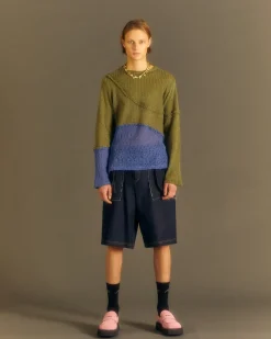 Andersson Bell Contrast Panel Boatneck Sweater Atb860M(Khaki/Blue)-Men Knitwear