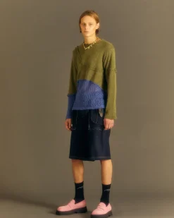 Andersson Bell Contrast Panel Boatneck Sweater Atb860M(Khaki/Blue)-Men Knitwear