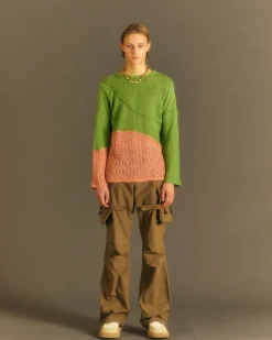 Andersson Bell Contrast Panel Boatneck Sweater Atb860M(Green/Orange)-Men Knitwear