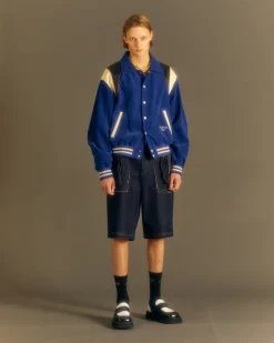 Andersson Bell Corduroy & Leather Varsity Jacket Awa505M(Blue)-Men Outerwear