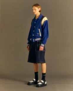Andersson Bell Corduroy & Leather Varsity Jacket Awa505M(Blue)-Men Outerwear