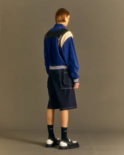 Andersson Bell Corduroy & Leather Varsity Jacket Awa505M(Blue)-Men Outerwear