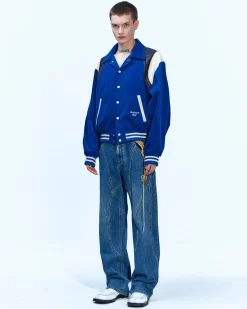 Andersson Bell Corduroy & Leather Varsity Jacket Awa505M(Blue)-Men Outerwear