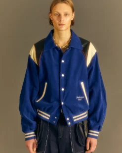 Andersson Bell Corduroy & Leather Varsity Jacket Awa505M(Blue)-Men Outerwear