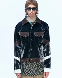 Andersson Bell Faux Leather Trucker Jacket Awa504M(Black)-Men Outerwear