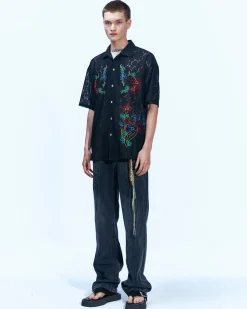 Andersson Bell Flower Mushroom Embroidery Open Collar Shirts Atb846M(Black)-Men Shirts