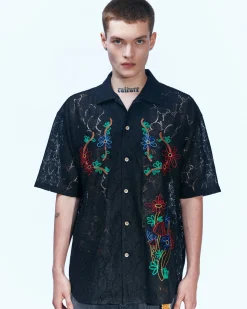 Andersson Bell Flower Mushroom Embroidery Open Collar Shirts Atb846M(Black)-Men Shirts