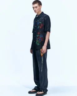 Andersson Bell Flower Mushroom Embroidery Open Collar Shirts Atb846M(Black)-Men Shirts