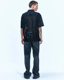 Andersson Bell Flower Mushroom Embroidery Open Collar Shirts Atb846M(Black)-Men Shirts