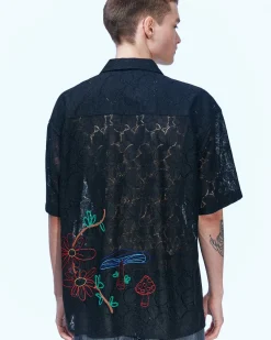 Andersson Bell Flower Mushroom Embroidery Open Collar Shirts Atb846M(Black)-Men Shirts