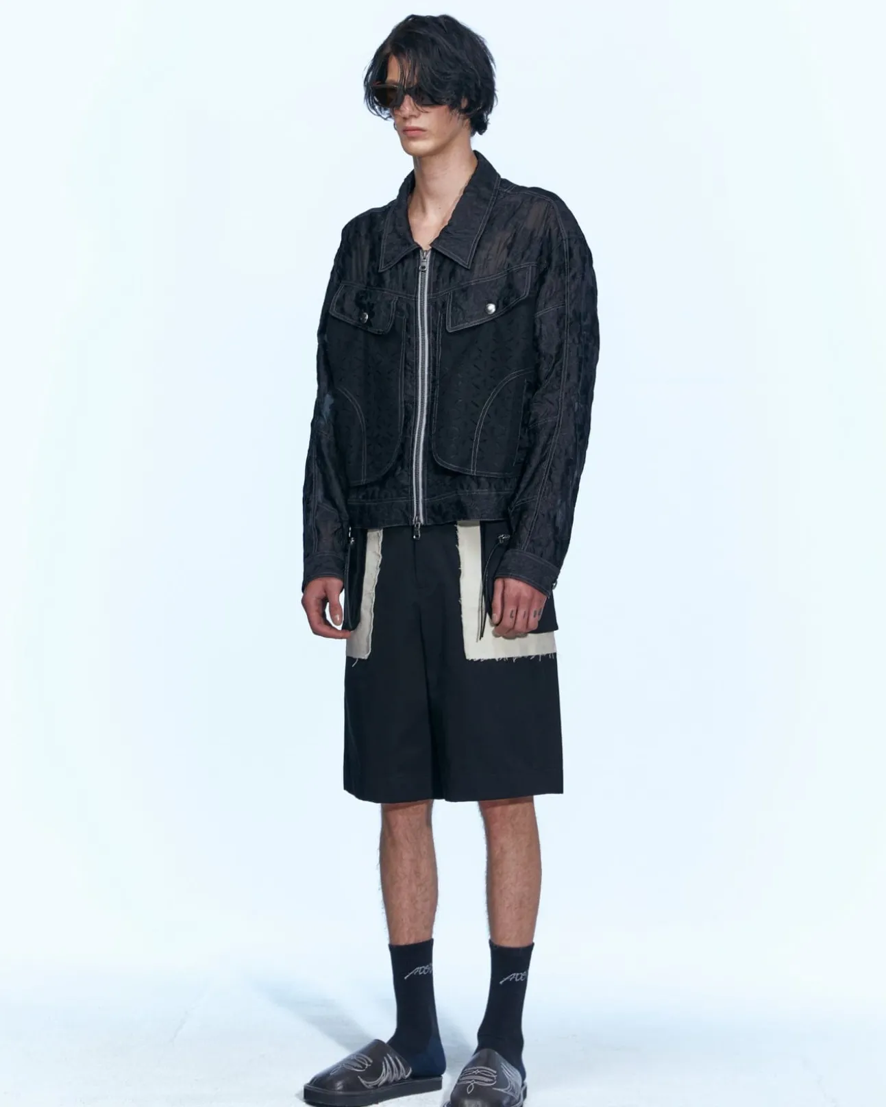 Andersson Bell Flower Sheer Zip-Up Jacket Awa532M(Black)-Men Outerwear
