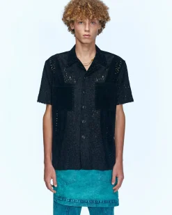 Andersson Bell Half Sheer Flower Lace Shirts Atb951M(Black)-Men Shirts