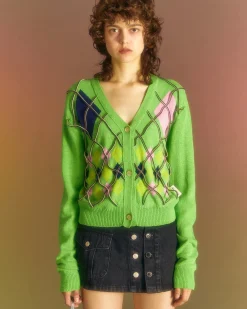 Andersson Bell Joy Argyle String Short Cardigan Atb699W(Green)-Women Knitwear