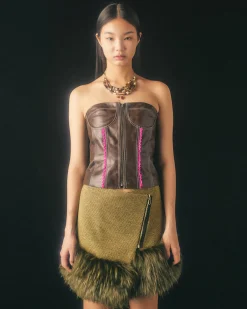 Andersson Bell Lace Combination Leather Bustier Atb820W(Brown)-Women Tops