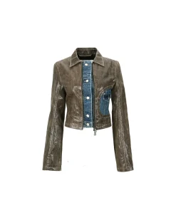 Andersson Bell Lance Denim Trim Faux Leather Jacket Awa528W(Brown)-Women Outerwear