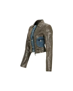 Andersson Bell Lance Denim Trim Faux Leather Jacket Awa528W(Brown)-Women Outerwear