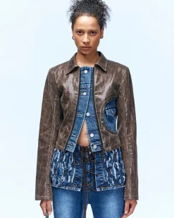Andersson Bell Lance Denim Trim Faux Leather Jacket Awa528W(Brown)-Women Outerwear