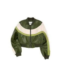 Andersson Bell Lilu Faux Leather Racing Bomber Jacket Awa515W(Khaki)-Women Outerwear