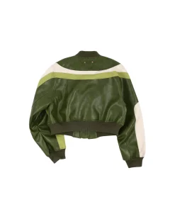 Andersson Bell Lilu Faux Leather Racing Bomber Jacket Awa515W(Khaki)-Women Outerwear