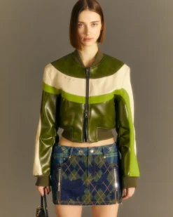 Andersson Bell Lilu Faux Leather Racing Bomber Jacket Awa515W(Khaki)-Women Outerwear