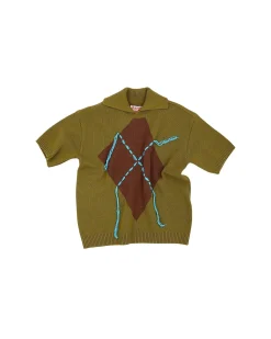 Andersson Bell London Argyle Jacquard Short Sleeve Polo Knit Atb865M(Khaki)-Men Knitwear