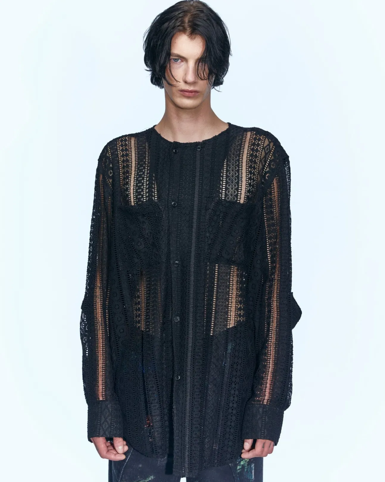 Andersson Bell Lunar Sheer Collarless Shirt Atb955M(Black)-Men Shirts