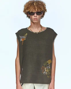 Andersson Bell Mushman Embroidery Knit Vest Atb956M(Khaki)-Men Knitwear