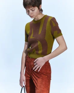 Andersson Bell New Ab Logo Jacquard Short Sleeve Knit Atb893W(Khaki)-Women Tops
