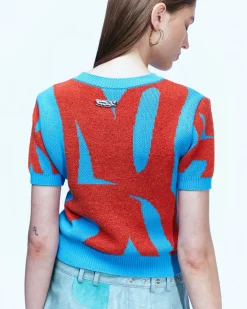 Andersson Bell New Ab Logo Jacquard Short Sleeve Knit Atb893W(Blue)-Women Tops