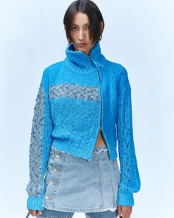 Andersson Bell Patchwork Collar Knit Zip Cardigan Atb871W(Blue)-Women Outerwear