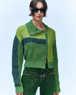 Andersson Bell Patchwork Collar Knit Zip Cardigan Atb871W(Olive)-Women Outerwear