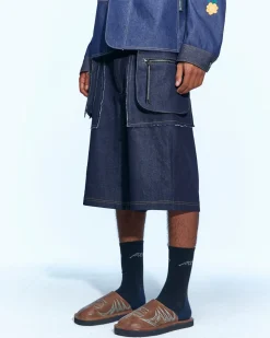 Andersson Bell Raw Edge Cargo Denim Shorts Apa650M(Indigo)-Men Trousers