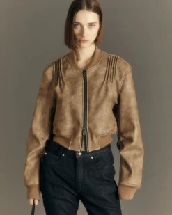 Andersson Bell Tanya Faux Leather Pintuck Bomber Jacket Awa516W(Beige)-Women Outerwear