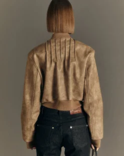 Andersson Bell Tanya Faux Leather Pintuck Bomber Jacket Awa516W(Beige)-Women Outerwear