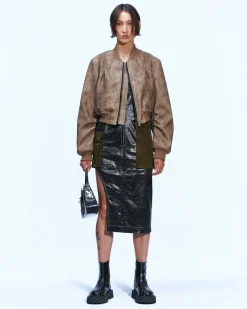Andersson Bell Tanya Faux Leather Pintuck Bomber Jacket Awa516W(Beige)-Women Outerwear